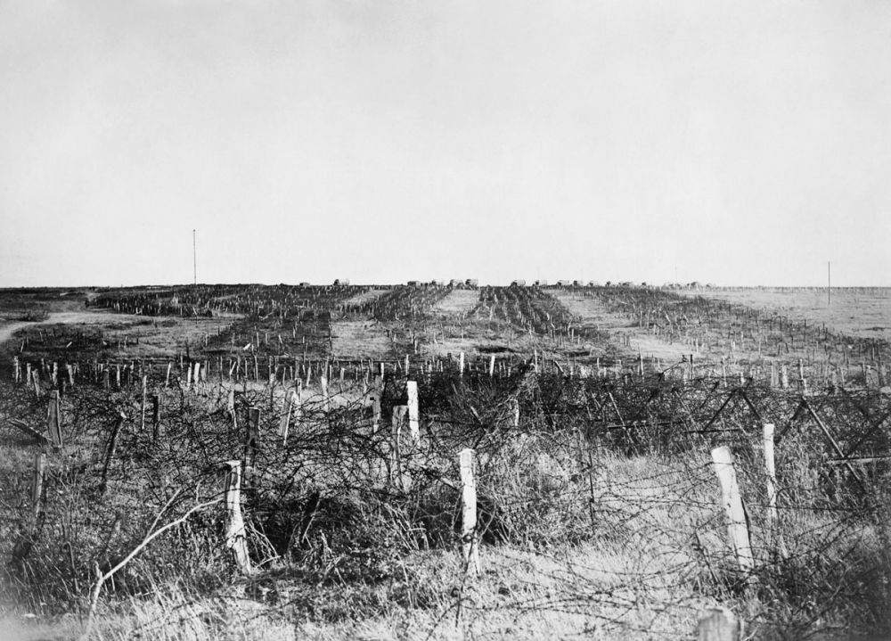 Deep German barbed wire defences at Queant, Hindenburg Line.